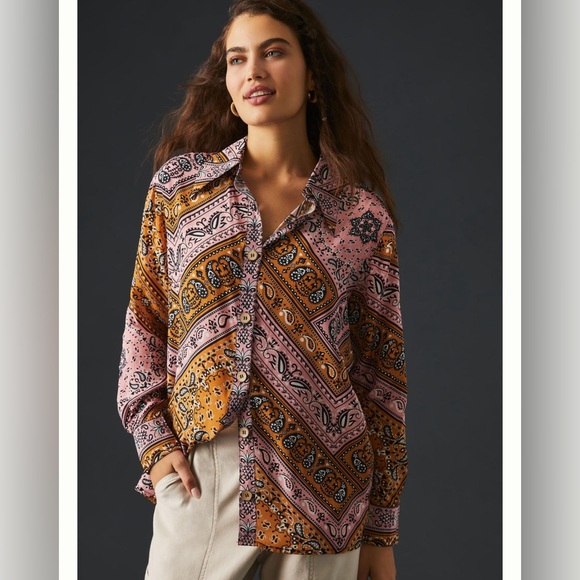 Farm Rio Anthropologie Pink Classic Button Down Shirt Bandana Paisley Print - Picture 1 of 10